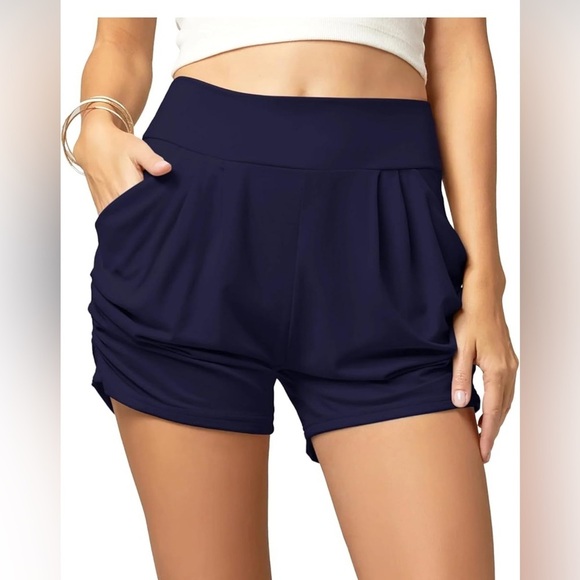 Conceited Pleated Shorts for Women with Pockets High Rise in Navy & Aqua. Size S - Picture 2 of 10